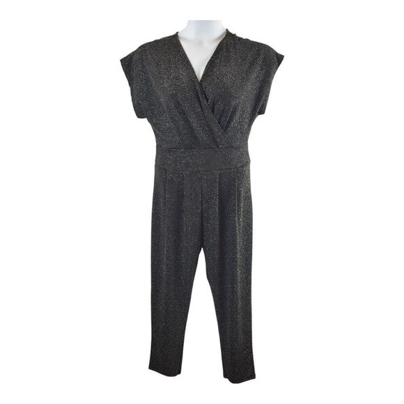 One Clothing Large Jumpsuit Black Silver V-Neck Silver Chevron Pattern Sparkle - Picture 2 of 11